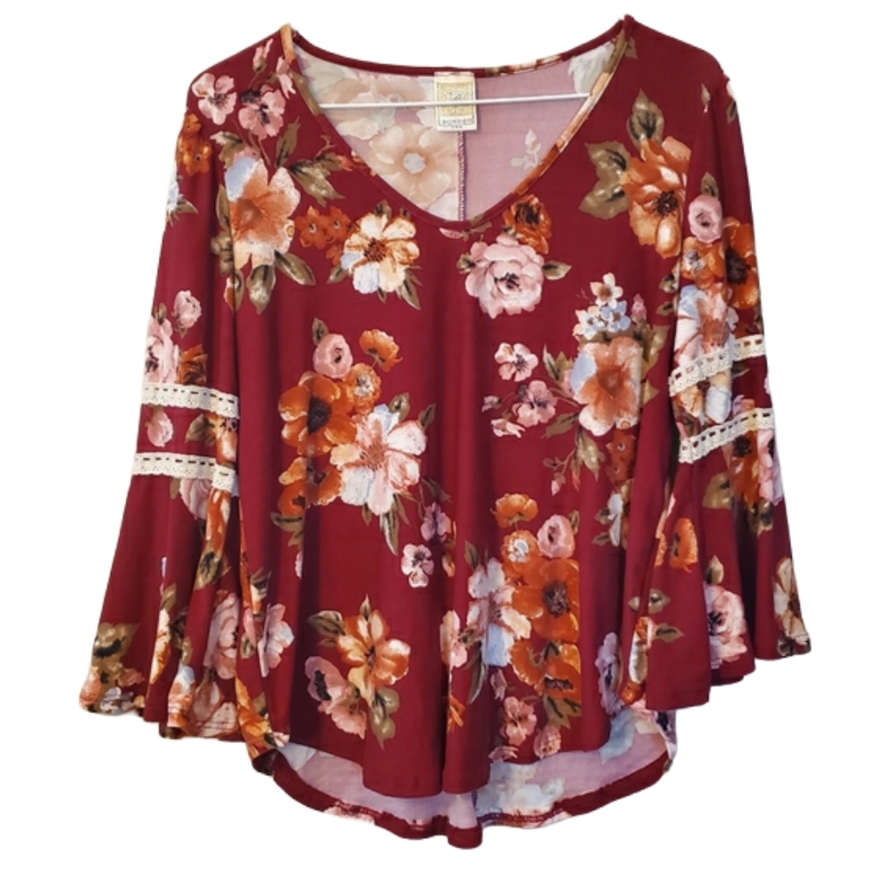 Bonded USA Soft Red Floral Tiered Lace Bell Sleeve